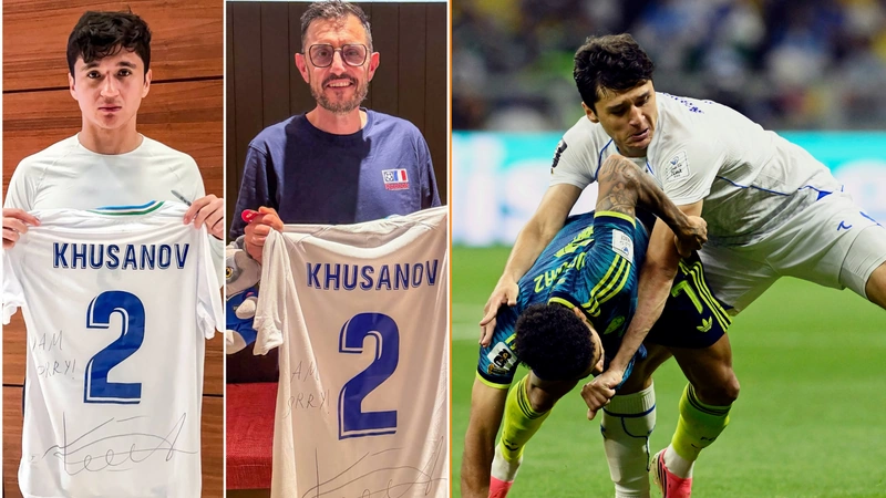 Camarógrado del partido de Colombia recibió camiseta firmada del defensor uzbeko que lo tumbó. Fotos AFP e Instagram @uzbekistanfa