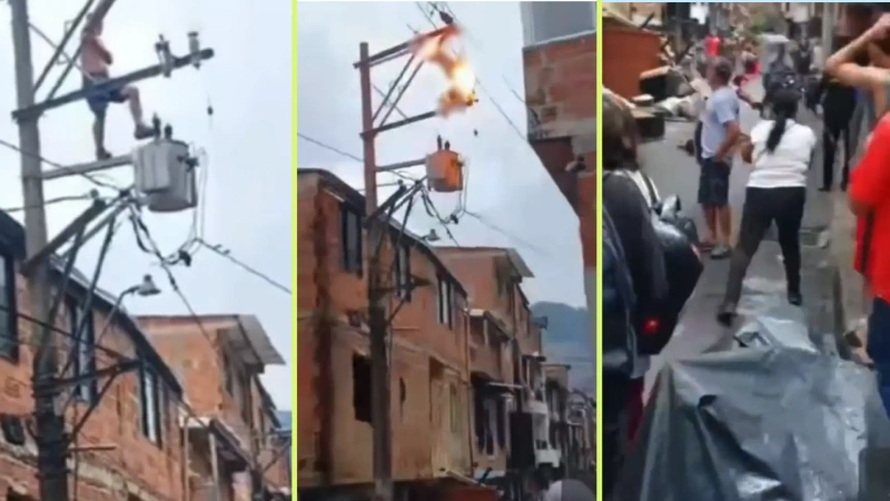 El hombre se trepo a un poste de energía, luego agarró un cable de alta tensión y cayó. Foto y video: Denuncias Antioquia
