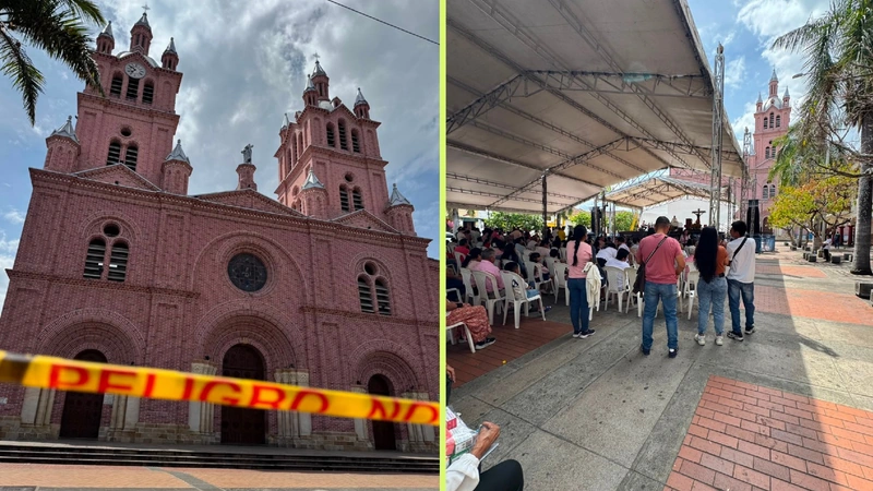 Las misas de la Basílica del Señor de los Milagros de Buga se realizan temporalmente bajo una carpa, frente al santuario, tras los daños ocasionados por el terremoto. Fotos: Yeison Gualdrón / Teleantioquia