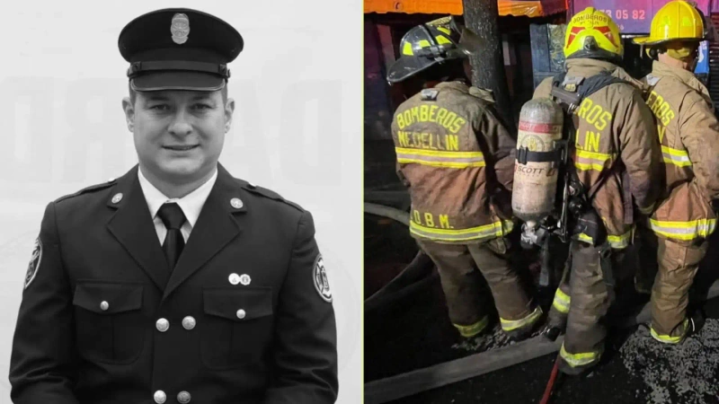Jarrinson Obed Hincapié Aguilar, integrante del Cuerpo Oficial de Bomberos Medellín. Fotos: cortesía Alcaldía de Medellín y archivo.