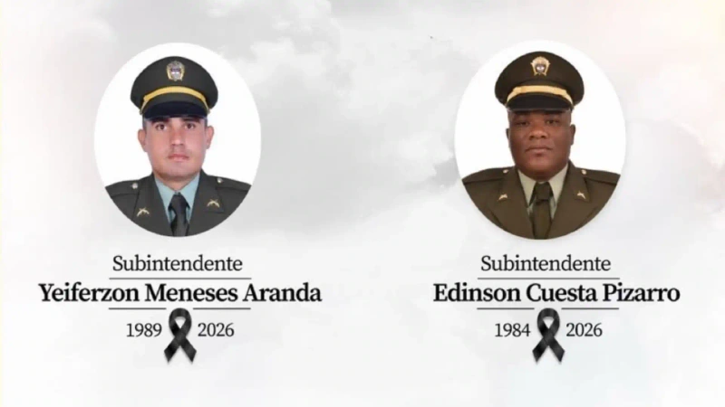 Los subintendentes Yeiferzon Meneses Aranda y Edinson Cuesta Pizarro, asesinados en Tolima. Foto: cortesía Policía Nacional.