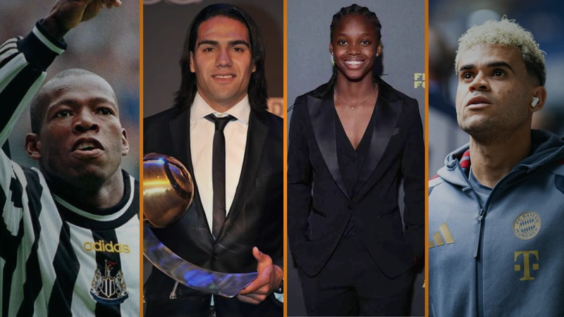 Faustino Asprilla, Falcao García, Linda Caicedo y Luis Díaz han recibido nominaciones al Balón de Oro. Tomado de Alchetrón, Every Fútbol, El País y Bayern Múnich.