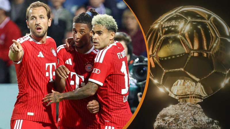 Luis Díaz y Julián Quiñones fueron los colombianos nominados en la categoría a mejor jugador masculino del año. Tomado de Bayern Múnich y France Football.