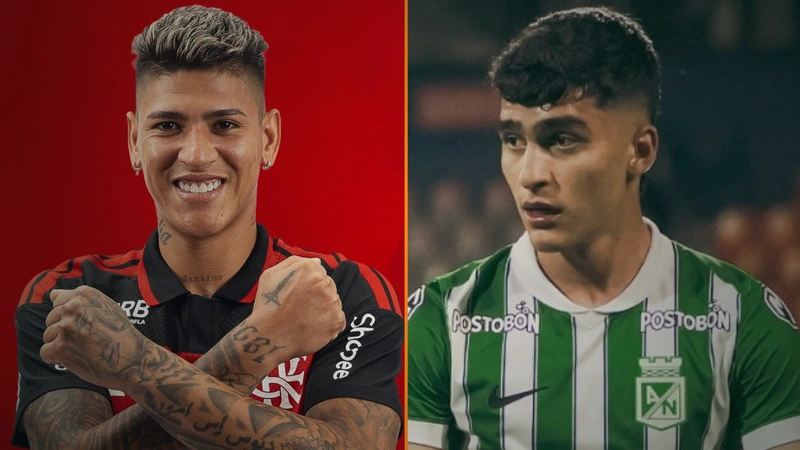 Jorge Carrascal y Juan Manuel Rengifo podrían desempeñar el rol que cumplían James Rodríguez y Juanfer Quintero en la Selección Colombia. Tomado de Flamengo y Atlético Nacional.