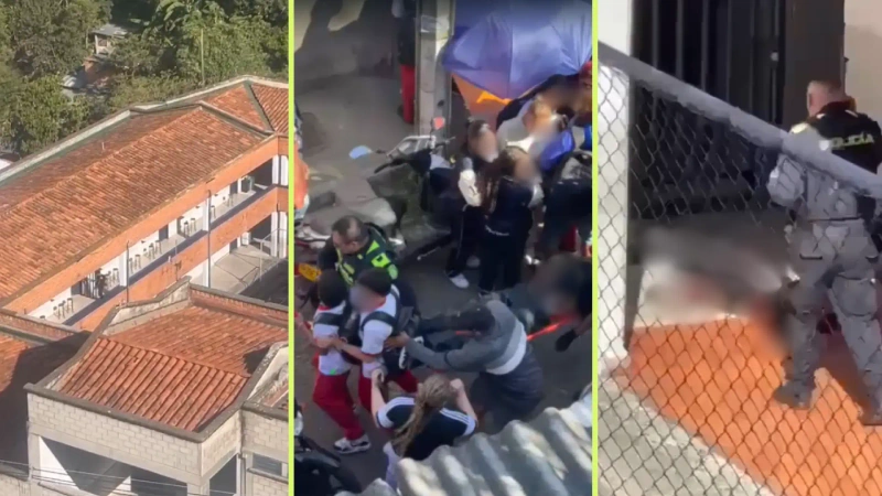 Estudiantes de la institución educativa Gabriel García Márquez presenciaron la atención y el traslado del joven de 17 años a un centro asistencial, mientras las autoridades adelantaban las investigaciones. Fotos y videos: cortesía Denuncias Antioquia