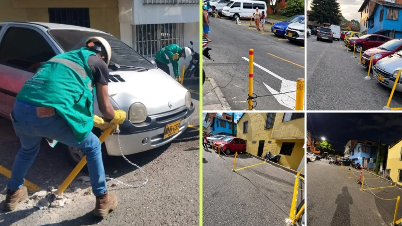 La Alcaldía de Medellín retiró cadenas y postes instalados por residentes para reservar parqueaderos públicos en el barrio Cataluña, en Buenos Aires. Foto: cortesía Denuncias Antioquia