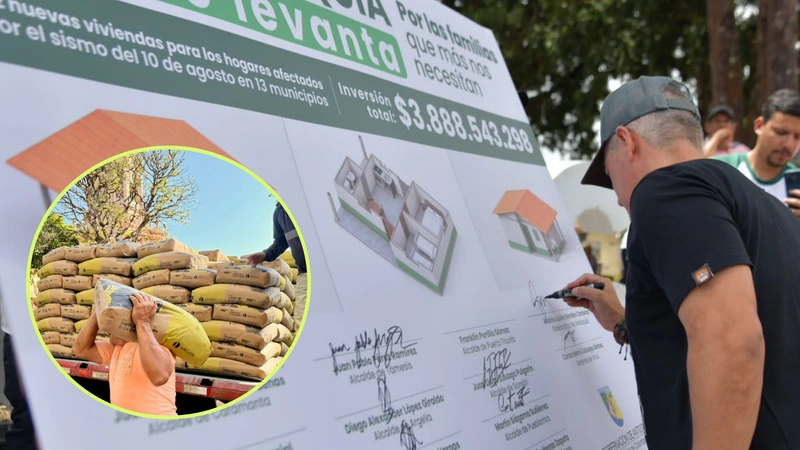 Materiales de construcción entregados para reparar viviendas afectadas por el terremoto en Antioquia.