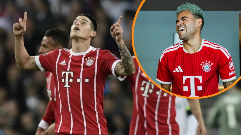 Luis Díaz llegó a los 18 goles en la UEFA Champions League, superando una marca que compartía con James Rodríguez. Tomado de Bayern Múnich y sportingnews.com.