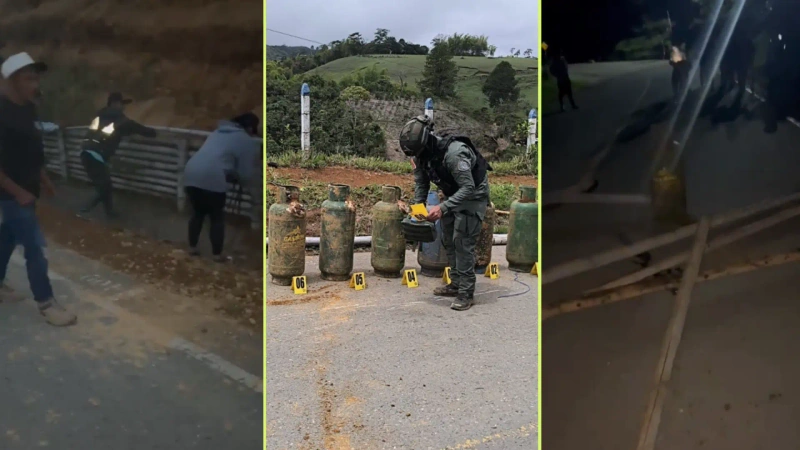 Habitantes de El Tambo, Cauca, manipularon y desactivaron tres cilindros bomba que, al parecer, habían sido instalados por las disidencias de las Farc. Foto: cortesía Ejército y tomadas de redes sociales