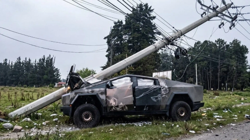 Una Tesla Cybertruck chocó contra un poste de energía en el sector de Llanogrande, en Rionegro. Las autoridades investigan las causas del accidente. Fotos: cortesía Alcaldía Rionegro y Denuncias Antioquia