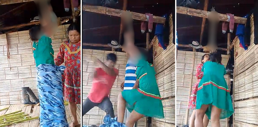 A la joven le ataron las manos y la golpearon con unos trozos de madera. Ellos mismos grabaron el video. Foto: Screenshot