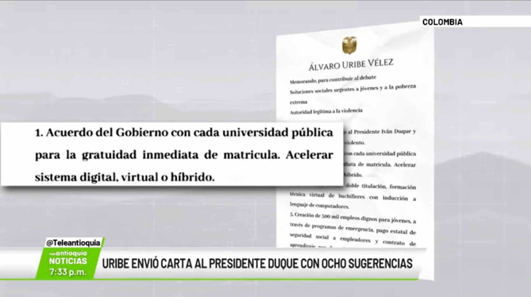 Uribe envió carta al presidente Duque con ocho sugerencias