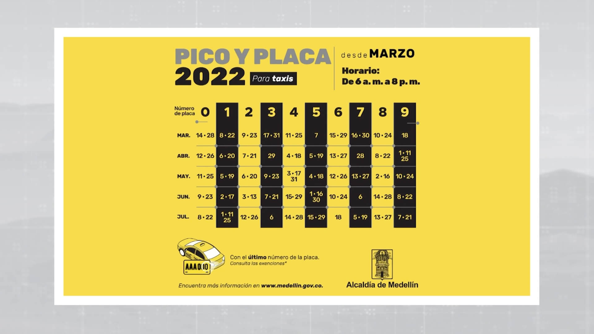 Este lunes regresa el pico y placa para taxis en Medellín