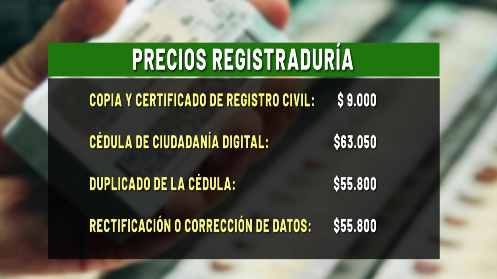 Nuevas tarifas para trámites en Registraduría