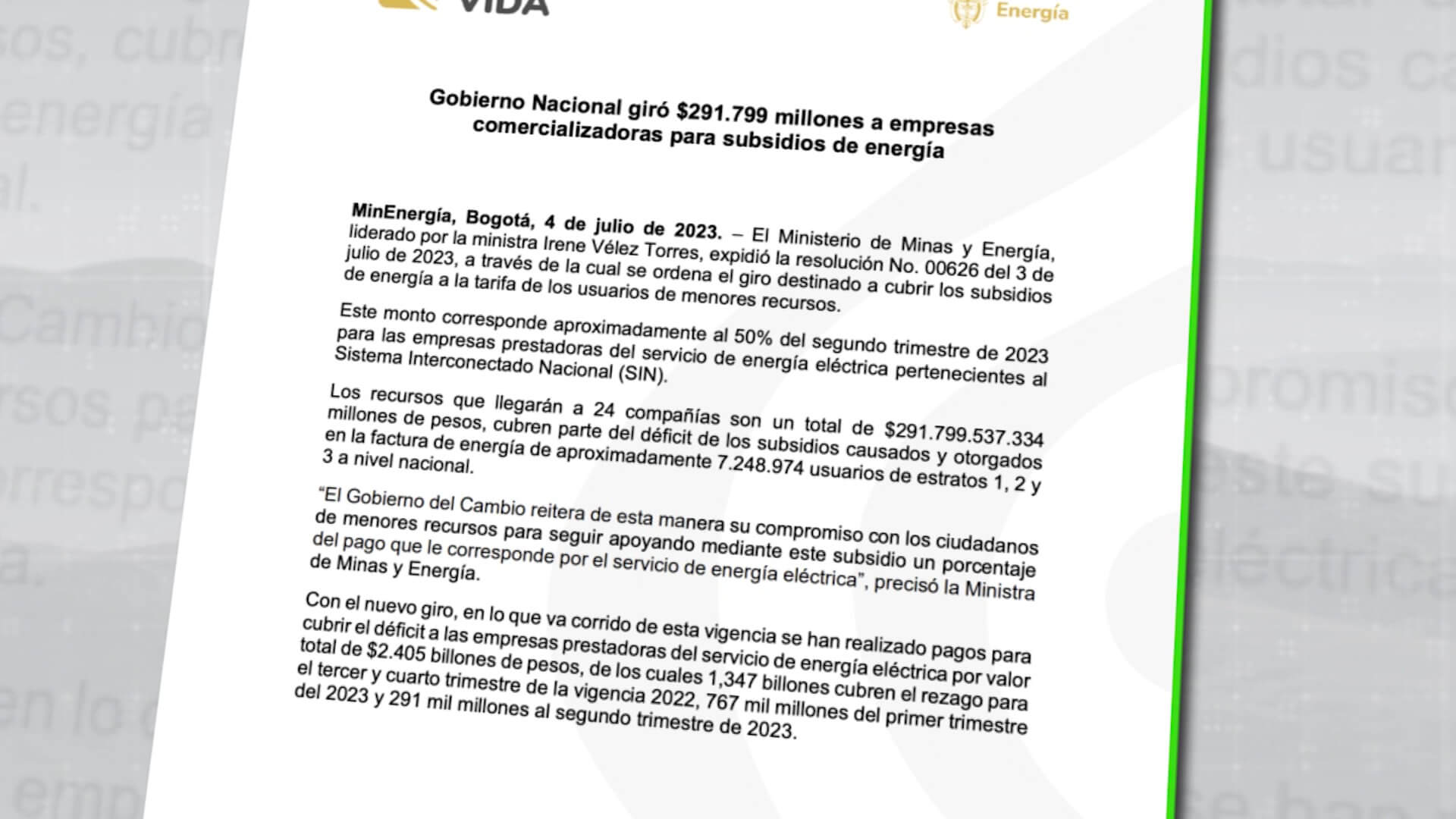 Giran $291 mil millones para subsidios de energía