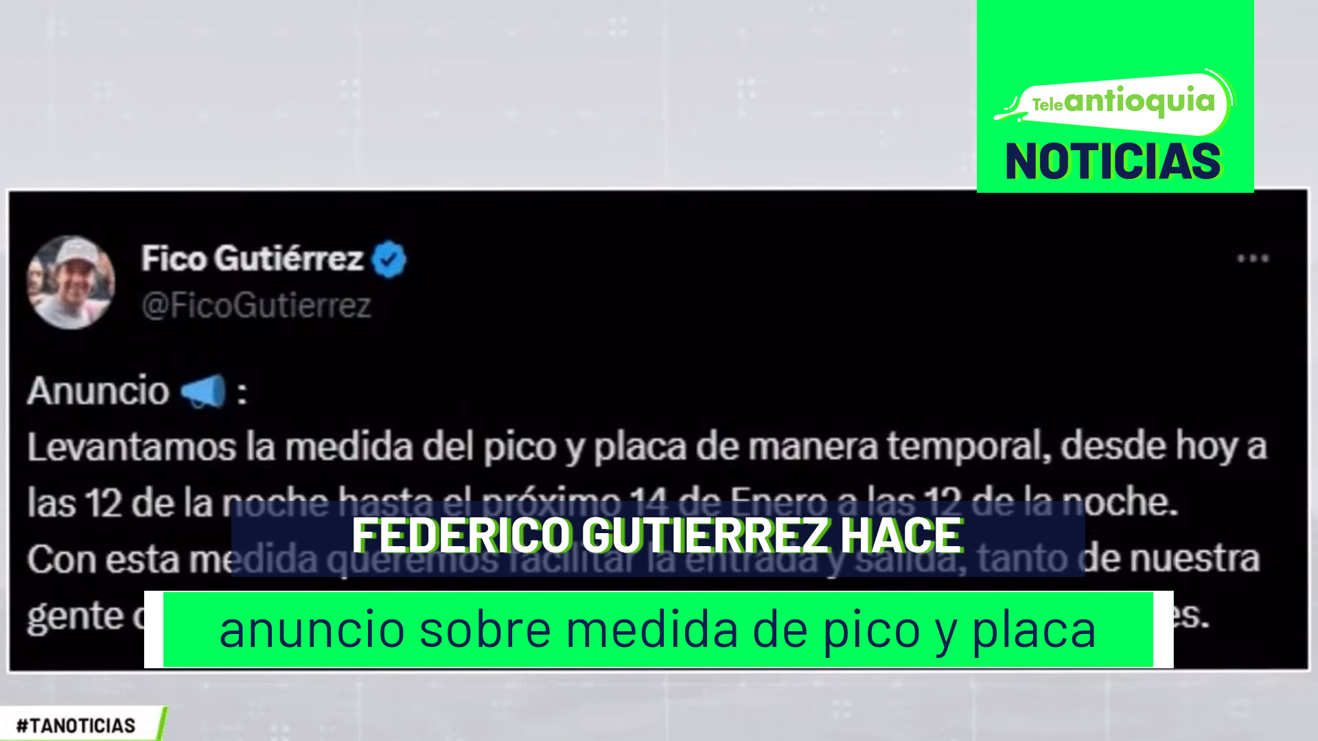 Federico Gutierrez hace anuncio sobre medida de pico y placa