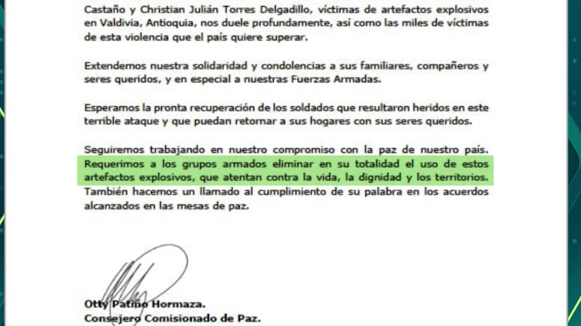 Otty Patiño pide que dejen de usar explosivos