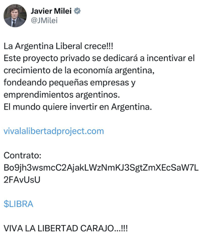 Post Javier Milei en X por $LIBRA Criptomoneda Milei