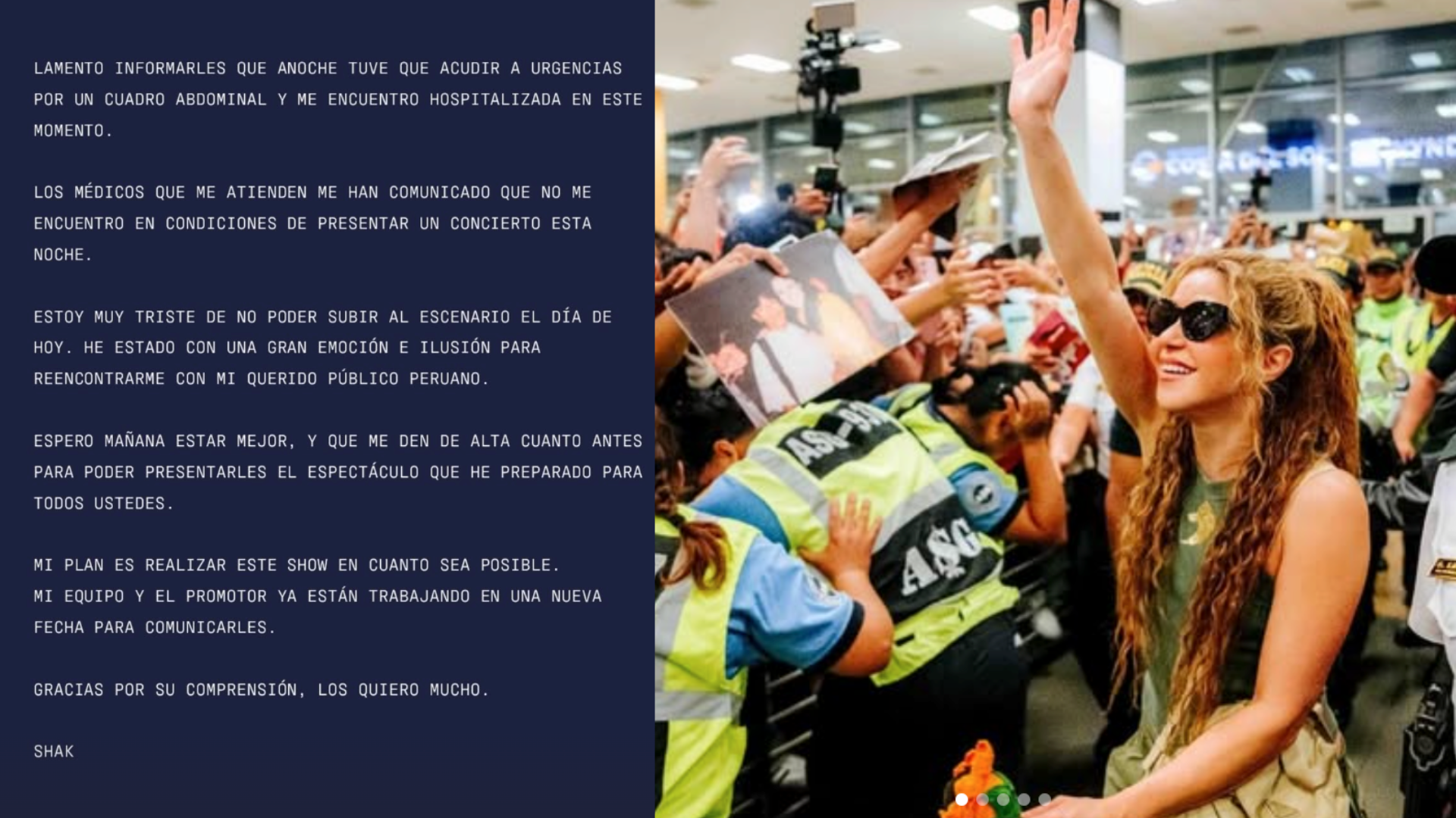 Shakira cancela su concierto en Perú tras ser hospitalizada