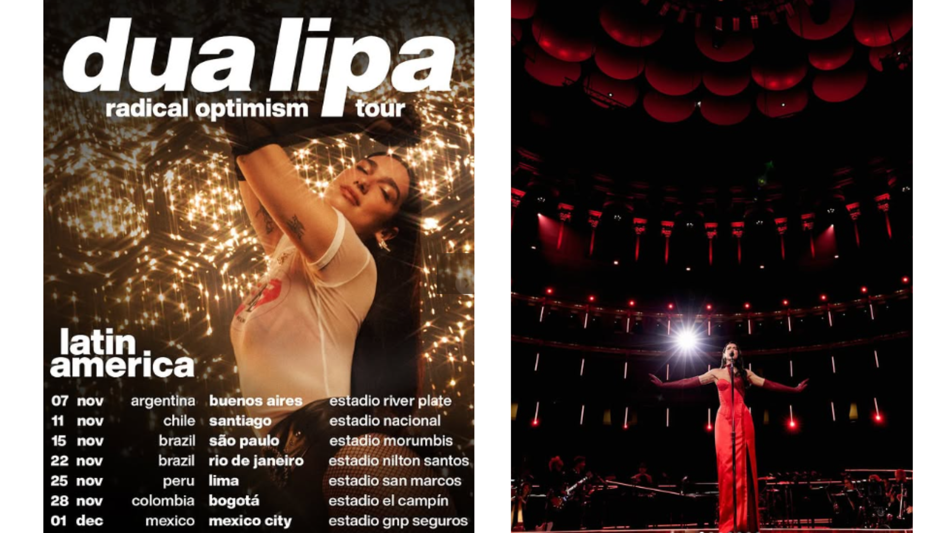 ​Dua Lipa ha visitado Colombia en dos ocasiones. Su primera presentación fue en septiembre de 2022 con el 'Future Nostalgia Tour' en Bogotá.