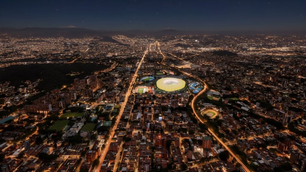 Panorámica nocturna del Estadio Atanasio Girardot.