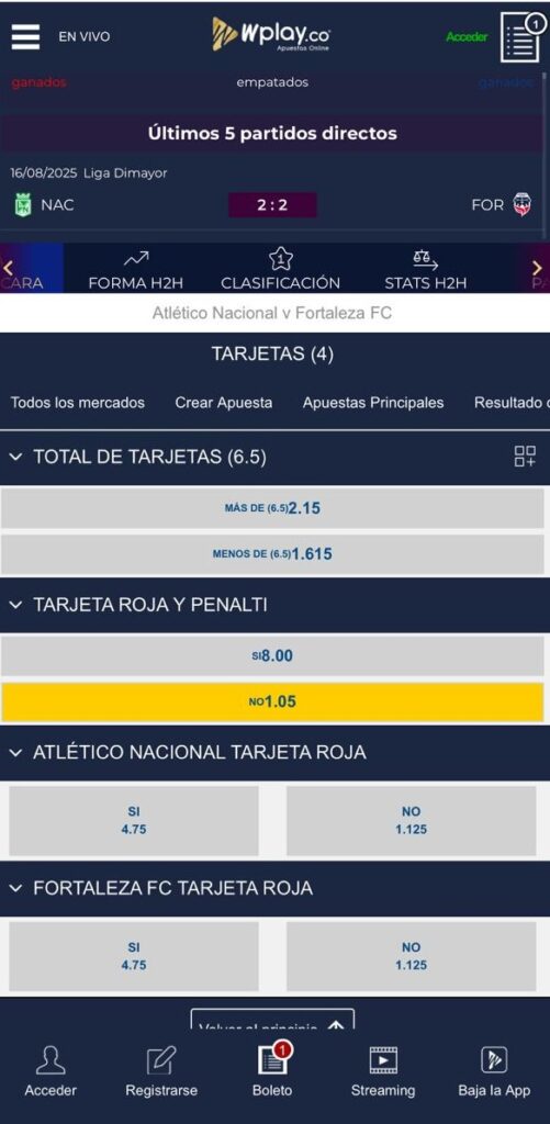 Para el partido de Nacional y Fortaleza la expulsión de un jugador da una cuota de 4.5.