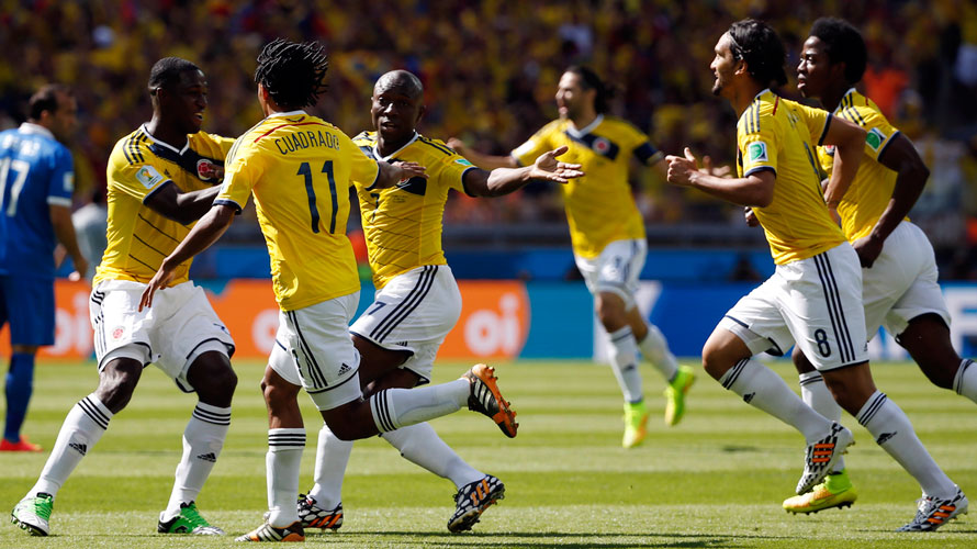 Colombia ante equipos europeos: los jugadores de Colombia celebrando uno de los goles ante Grecia en Brasil 2014: Foto: FCF.
