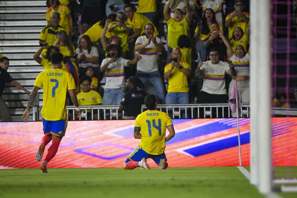Gustavo Puerta celebrando su gol en el amistoso ante Nueva Zelanda. Tomado de FCF.