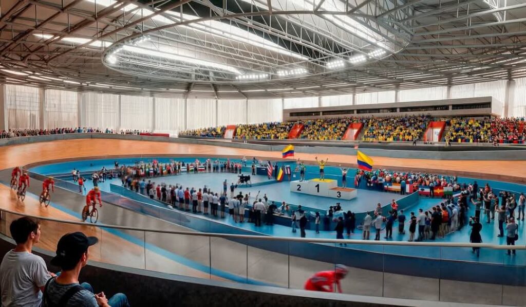 Proyección de la pista del velódromo Martín Emilio Cochise Rodríguez. Screenshot.