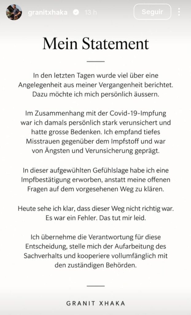 Comunicado oficial de Granit Xhaka, capitán de Suiza. Tomado de Instagram.
